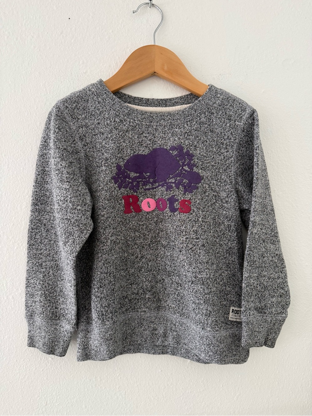 Roots Gray Marled Crewneck Sweater with Purple and Pink Logo